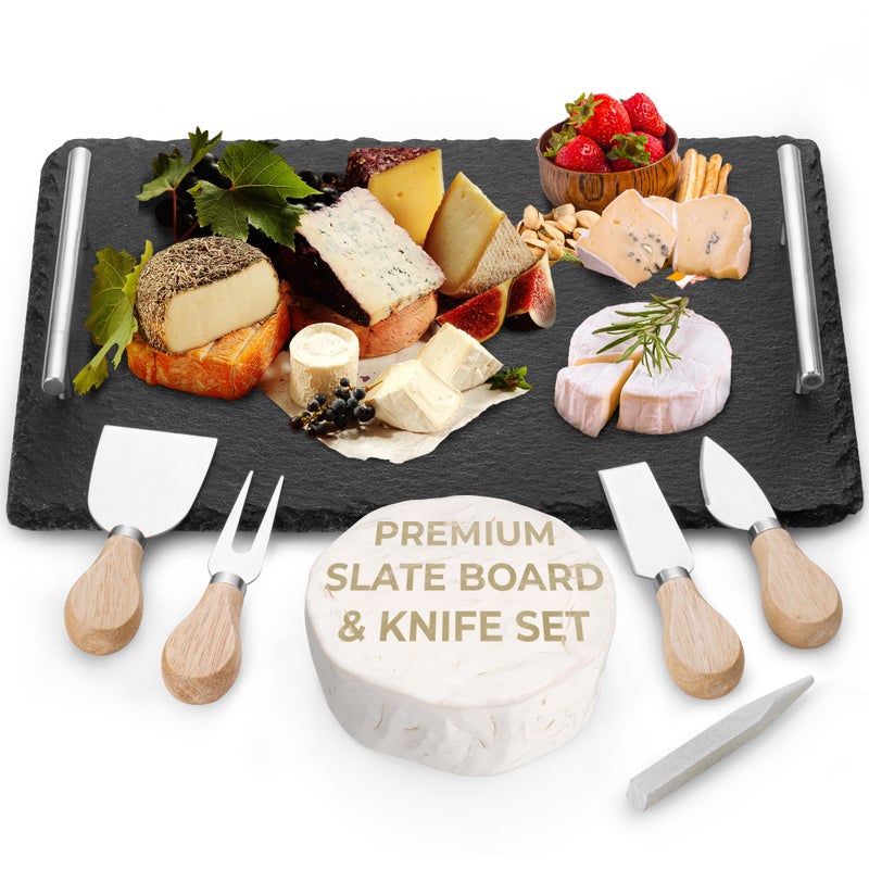 YES4QUALITY Slate Cheese Board Set w/Easy Carry Handles (14â€ x 10â€, Black) Natural Stone Slate Tray for Appetizer Serving; Full Deluxe Cheeseboard Platter w/ 3 Knives, 1 Fork & 2 Soapstone Chalks by Yes4Quality - Image 1